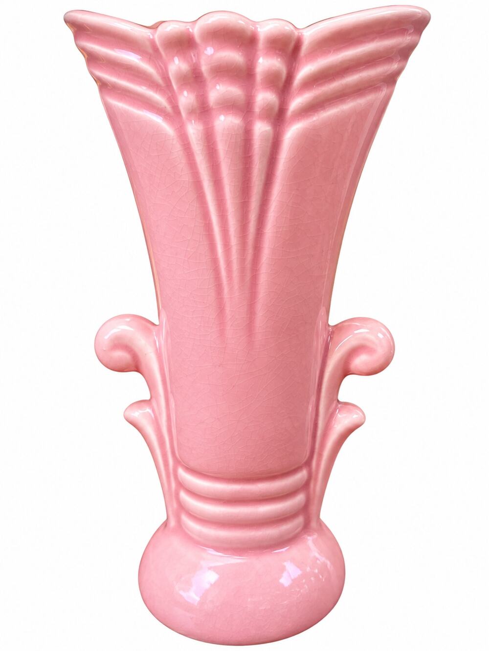 Vintage McCoy Pink Fan Vase 1940s Art Deco Fluted Ribbed Pottery USA Home Accent